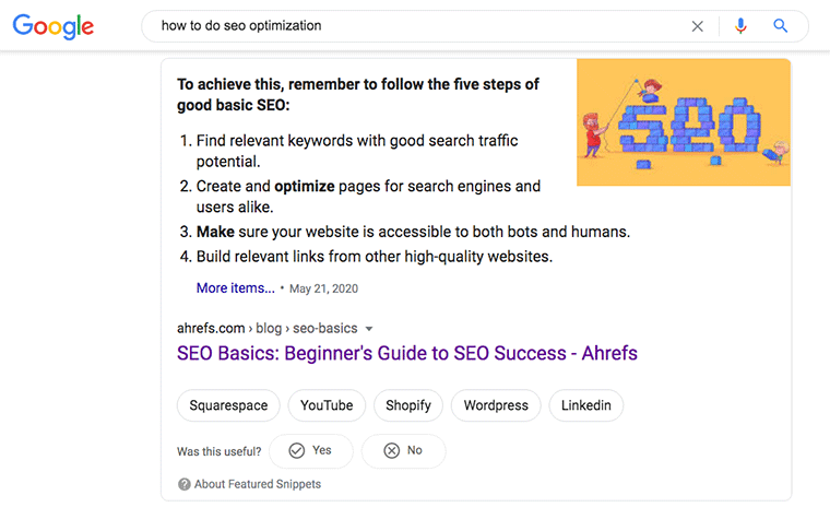 Screenshot of Ahrefs SERP top result for how to do seo optimization