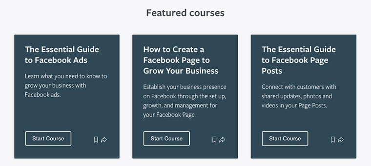 Screenshot of three of Facebook Blueprint’s featured courses