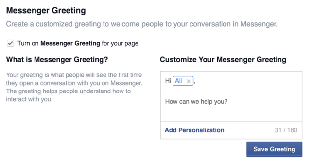 Personalized facebook messenger greeting