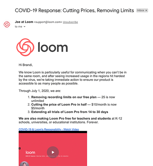 Loom COVID-19 response email