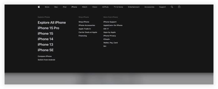 screenshot of the apple.com navigation menu