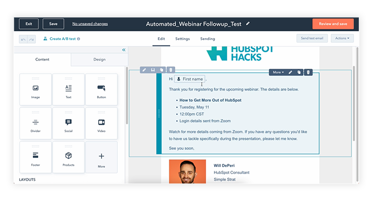 Screenshot of the email builder in HubSpot