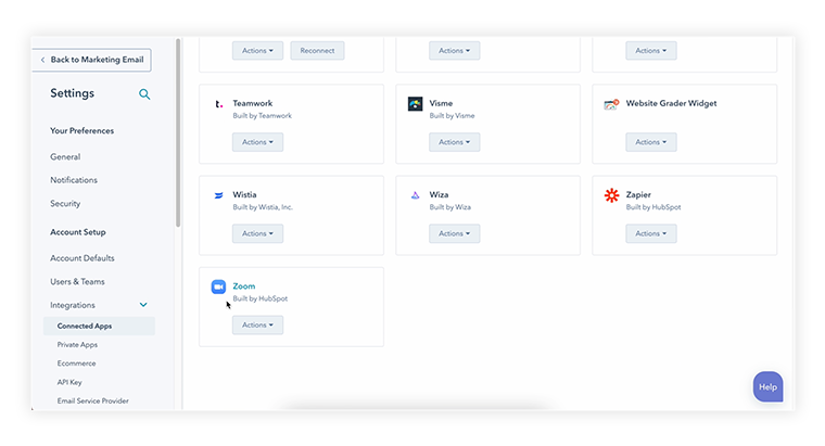 Screenshot of the HubSpot page where you connect apps