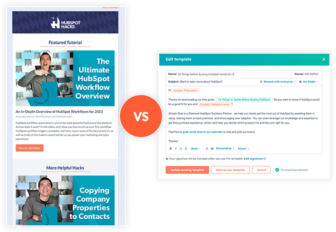 A comparison graphic of an HTML styled email and a plain text email.