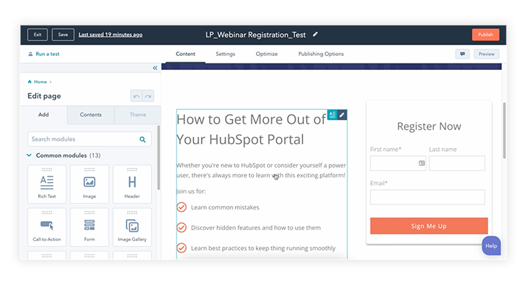 Screenshot of the page where you build HubSpot landing pages