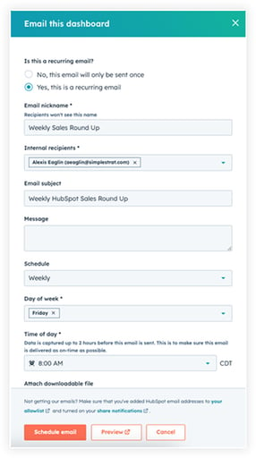 HubSpot panel of the option to email a dashboard view.