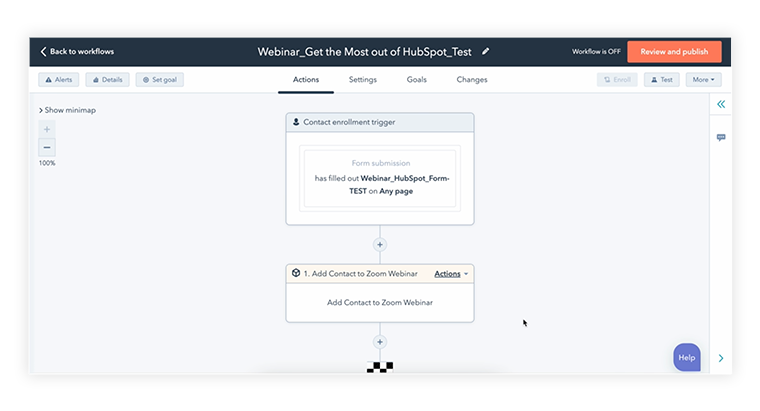 Screenshot of the HubSpot workflow to sign up Zoom Webinar registrants