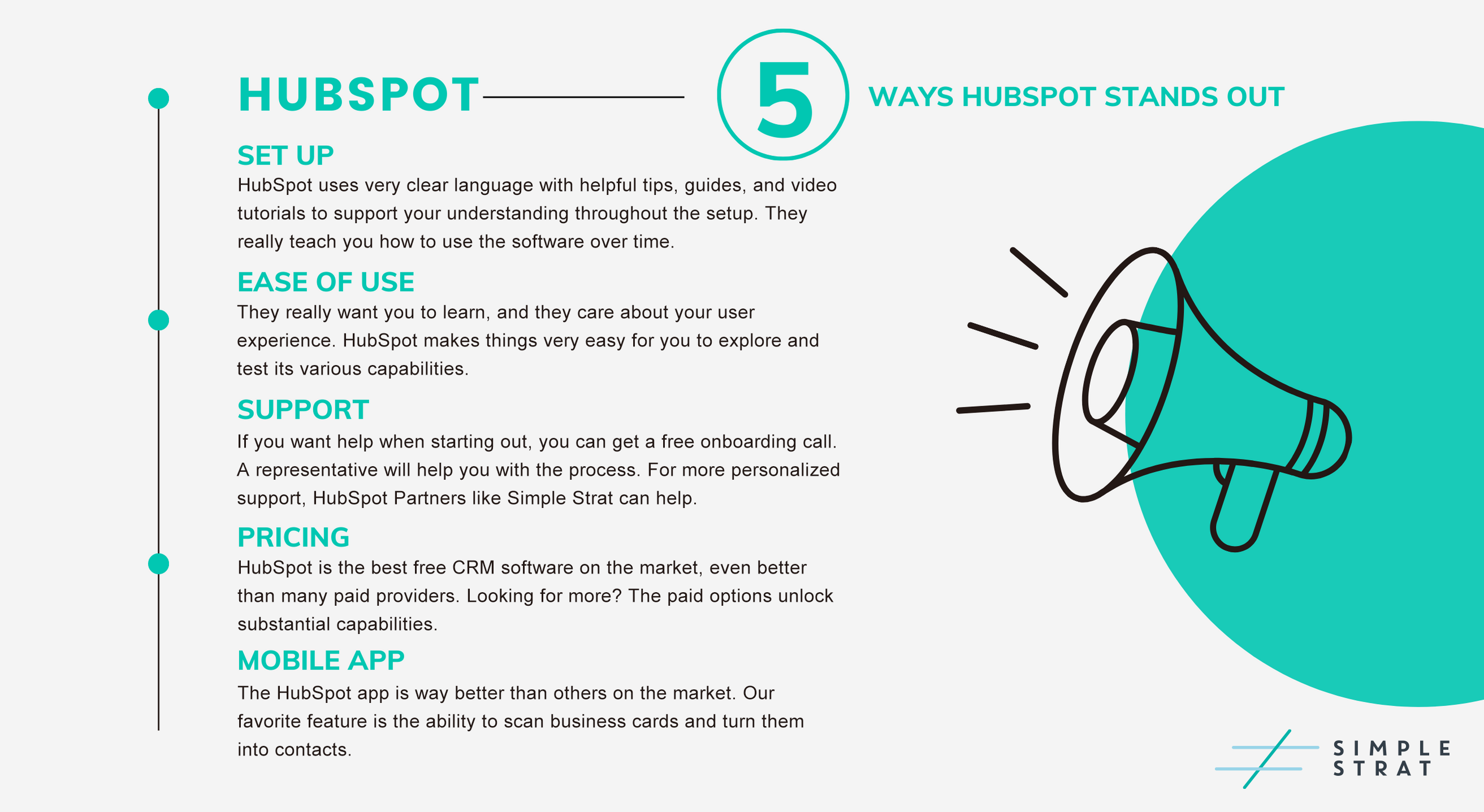 reasons HubSpot stands out - setup, ease of use, support, pricing, mobile app